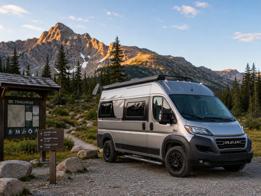 Camper van parked near a mountain trailhead