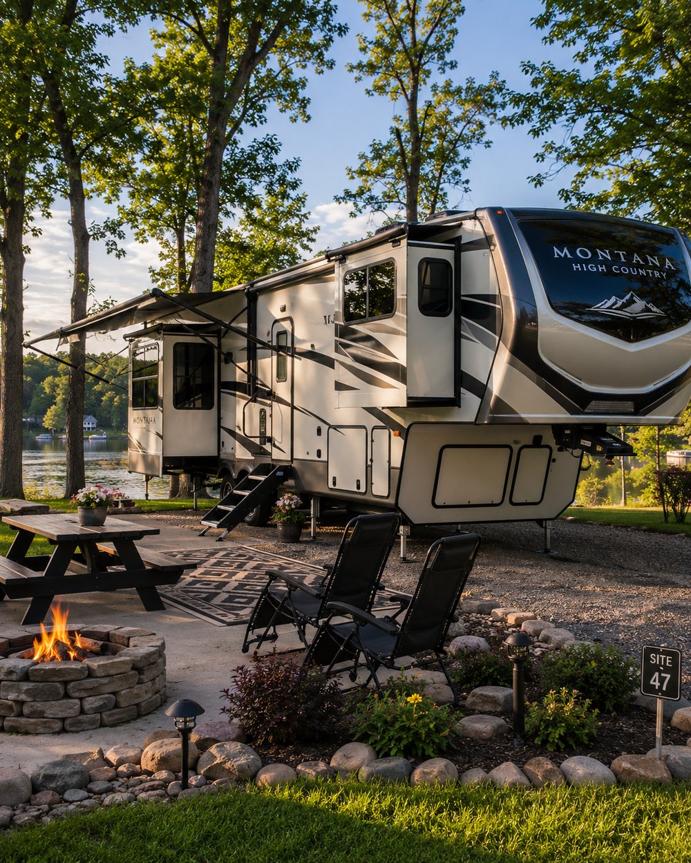 Fifth wheel with slide-out open at a lakeside campground site