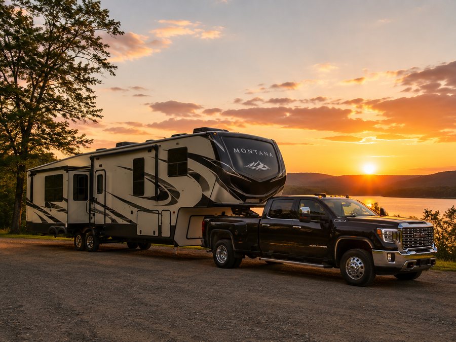 Fifth wheel hitched to a pickup truck at sunset