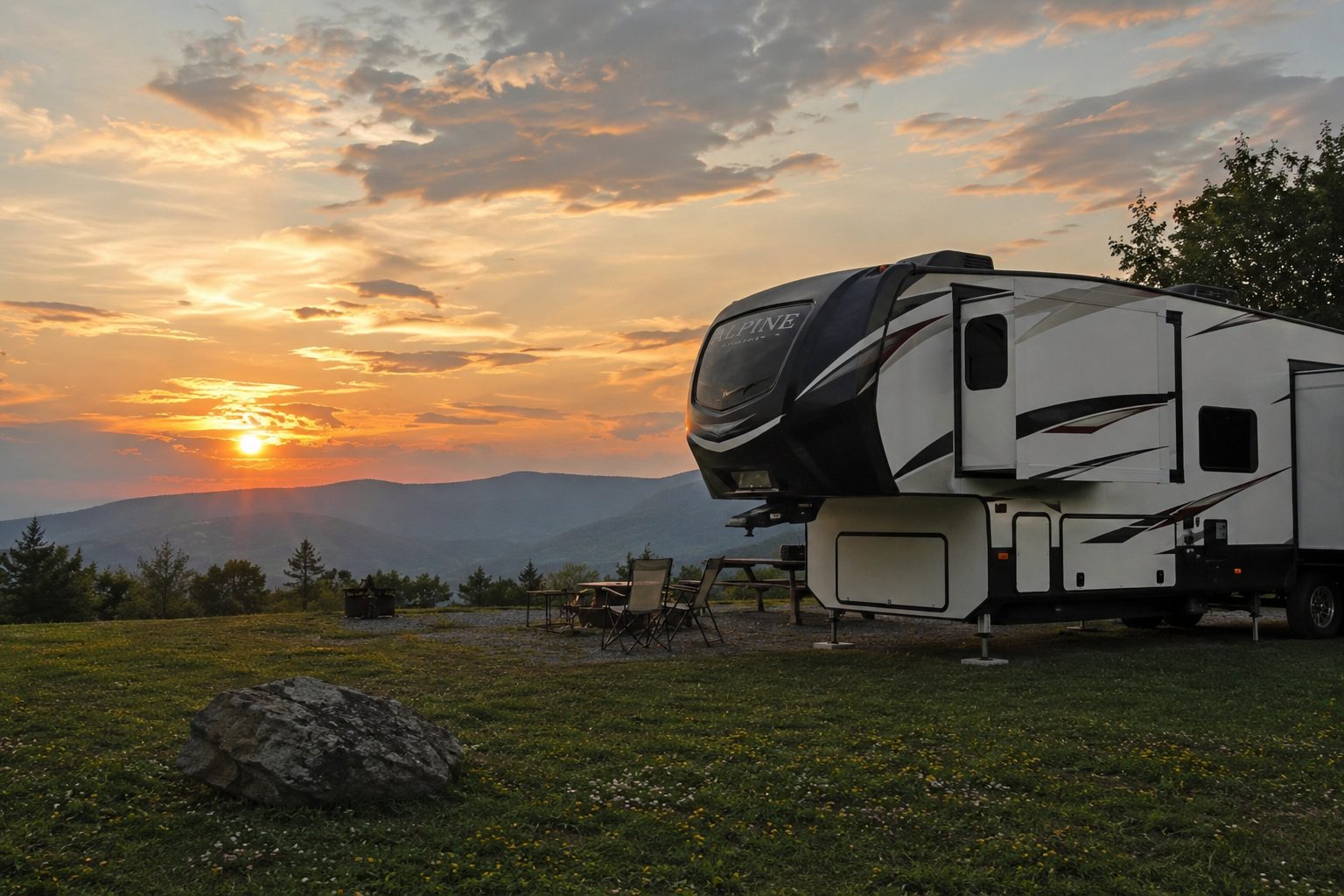 Fifth wheel parked at a scenic overlook at sunset