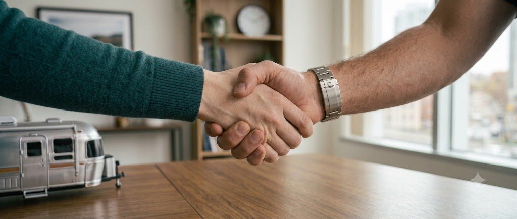 EVN agent shaking hands with a client
