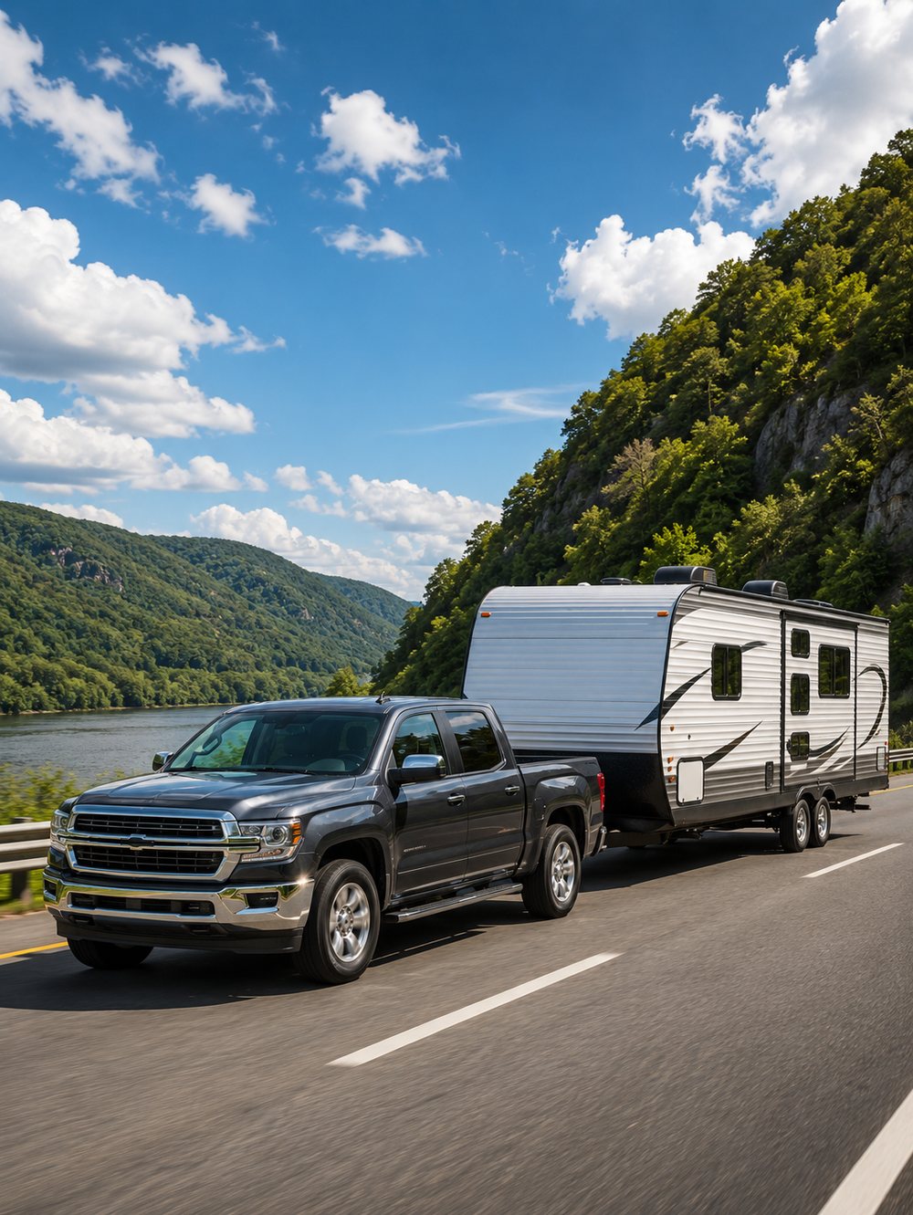 Pickup truck towing a travel trailer on a scenic Pennsylvania highway