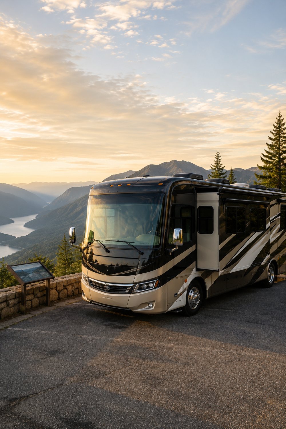 Class A motorhome driving on a scenic highway