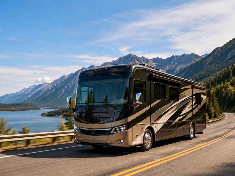 Class A motorhome parked at a scenic overlook